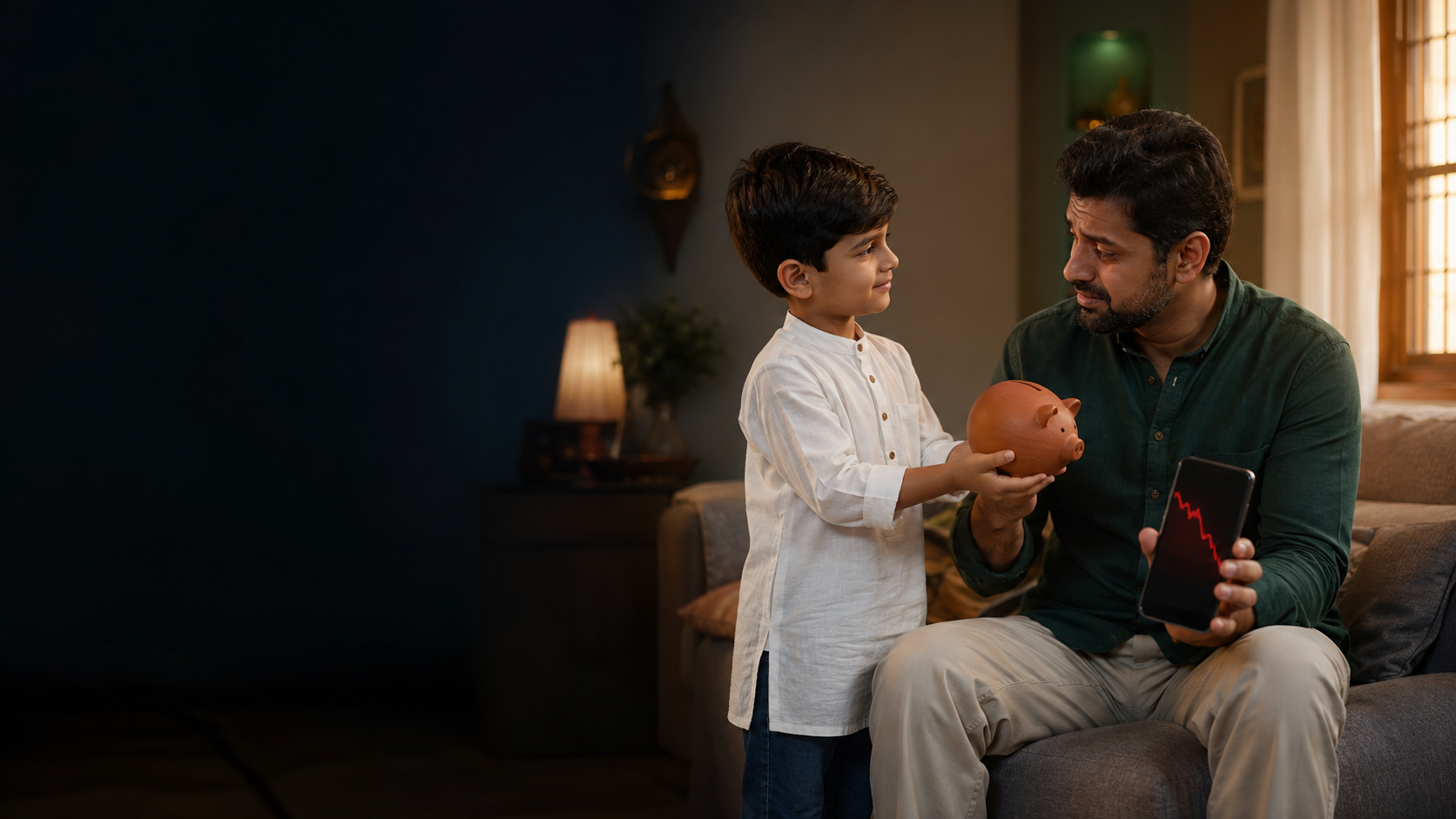 A worried trader looking at his phone while his child offers a piggy bank
